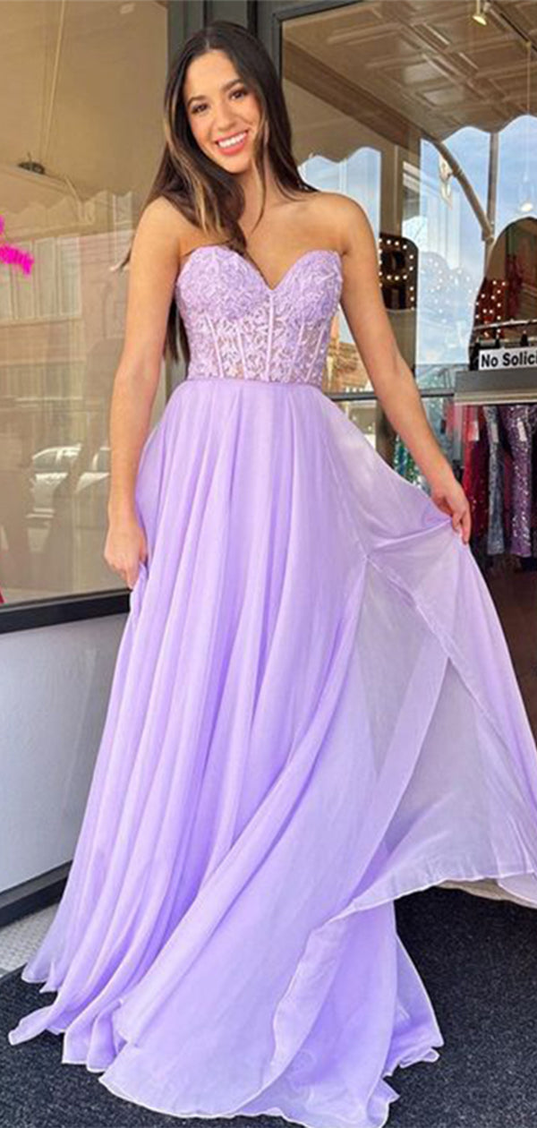 Elegant Purple A-line Sweetheart Sleeveless Lace Long Dress, Empire, Evening Gowns, Formal Evening Gowns, FM381