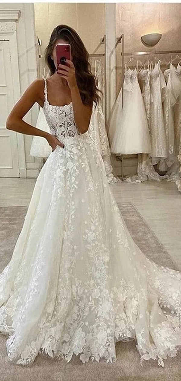 Elegant Spaghetti Straps Lace Applique Popular Bridal Long Wedding Dresses, CPD010