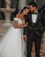 Elegant Off Shoulder V Neck Lace Applique Popular Bridal Long Wedding Dresses, CPD013