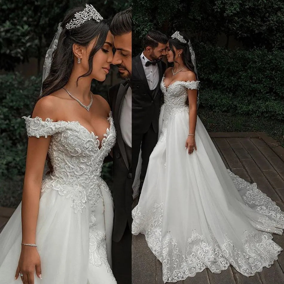 Elegant Off Shoulder V Neck Lace Applique Popular Bridal Long Wedding Dresses, CPD013