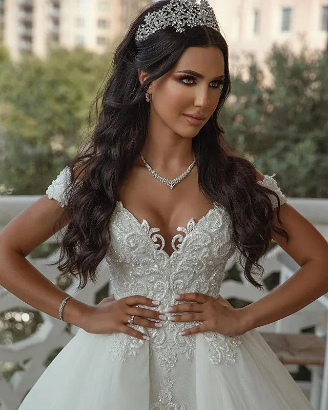 Elegant Off Shoulder V Neck Lace Applique Popular Bridal Long Wedding Dresses, CPD013