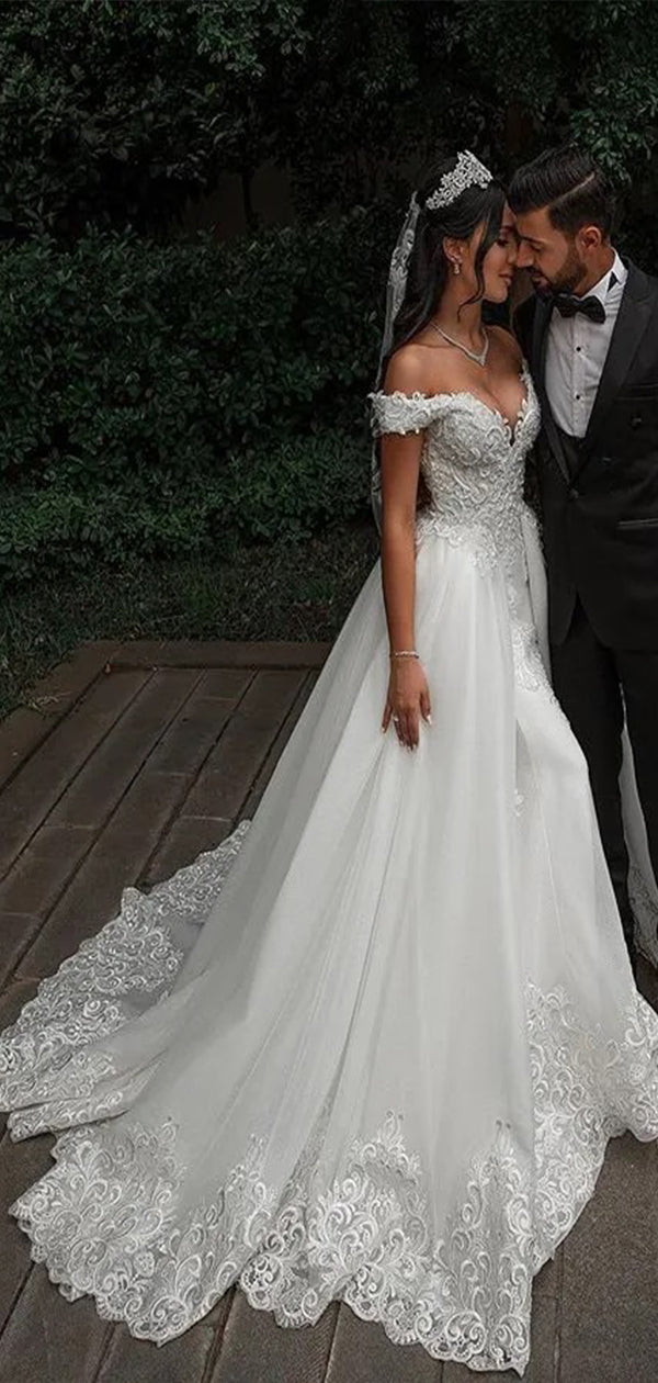 Elegant Off Shoulder V Neck Lace Applique Popular Bridal Long Wedding Dresses, CPD013