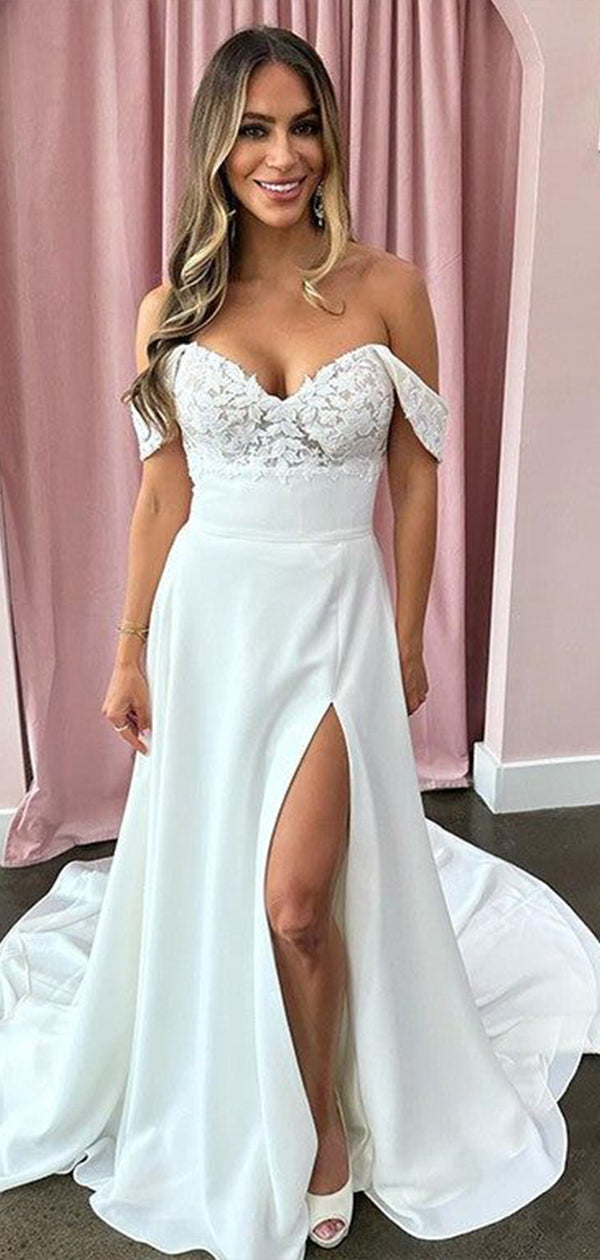 Elegant Sweetheart Off Shoulder Sleeveless Side Slit With Train Lace Popular Long Bridal Dress, Wedding Dresses, CPD117