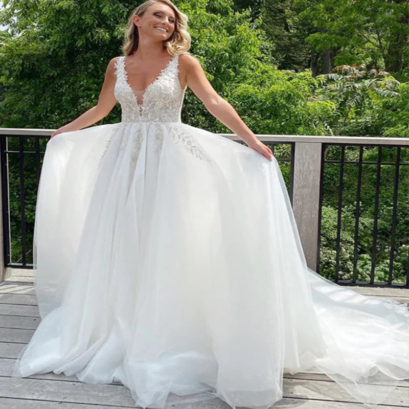 Elegant Spaghetti Straps V Neck Lace Applique Popular Bridal Long Wedding Dresses, CPD015