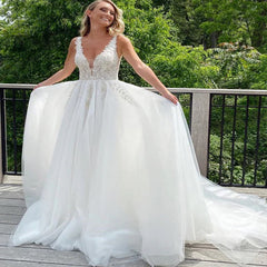 Elegant Spaghetti Straps V Neck Lace Applique Popular Bridal Long Wedding Dresses, CPD015