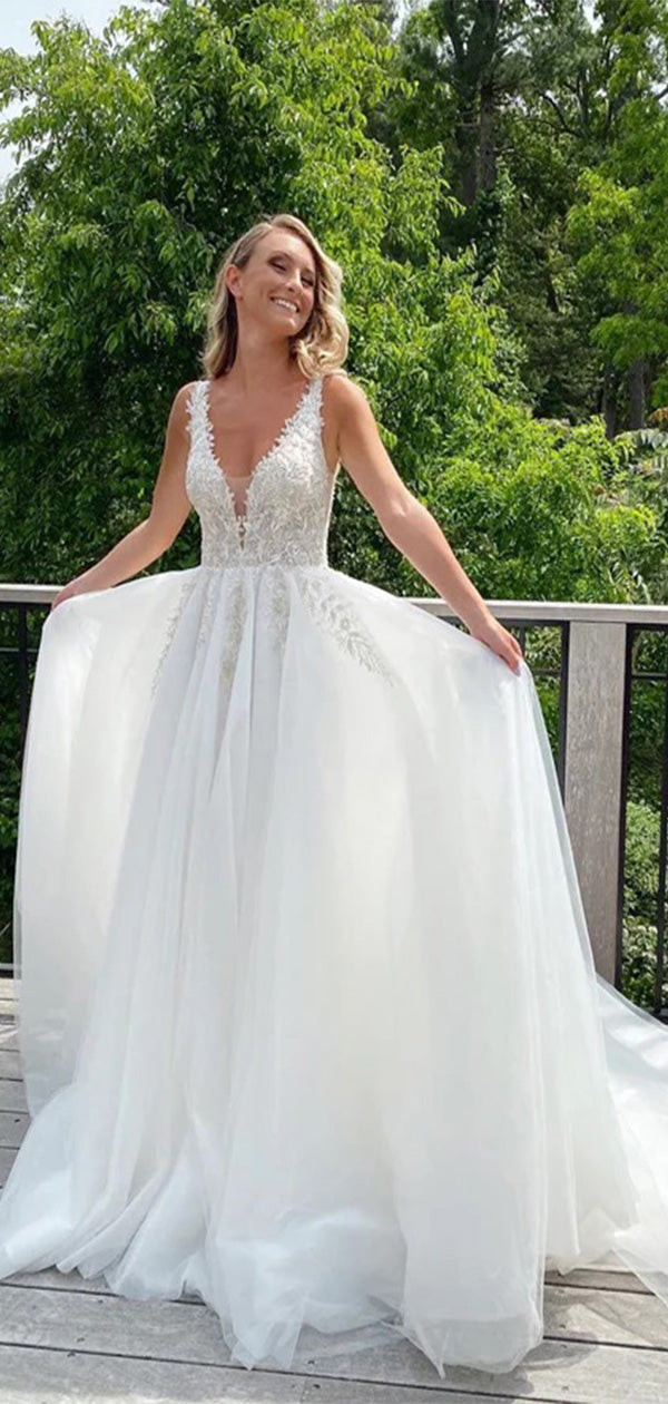 Elegant Spaghetti Straps V Neck Lace Applique Popular Bridal Long Wedding Dresses, CPD015
