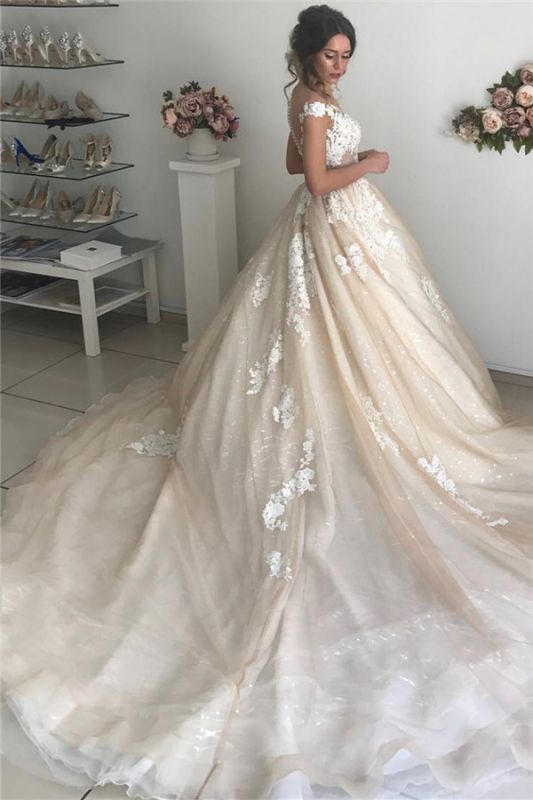 Elegant Spaghetti Straps V Neck With Train Lace Applique Popular Bridal Long Wedding Dresses, CPD017