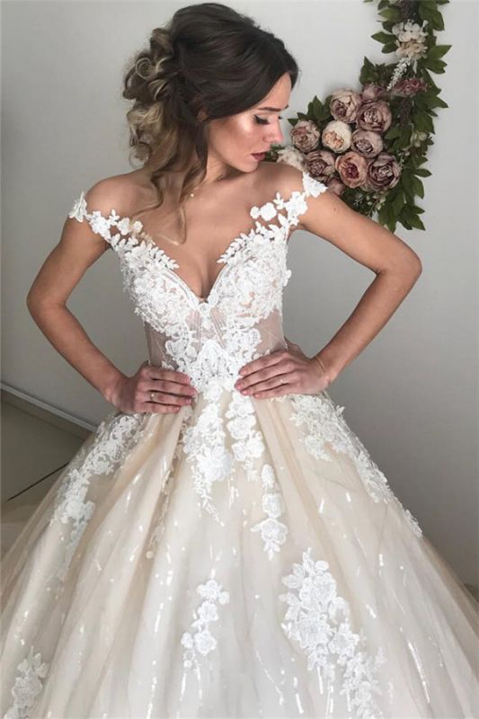 Elegant Spaghetti Straps V Neck With Train Lace Applique Popular Bridal Long Wedding Dresses, CPD017