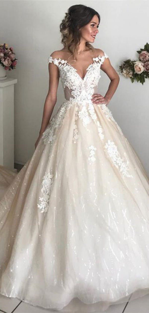 Elegant Spaghetti Straps V Neck With Train Lace Applique Popular Bridal Long Wedding Dresses, CPD017