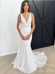 Charming Spaghetti Straps V Neck Sleeveless Beads Popular Long Bridal Dress, Wedding Dresses, CPD187