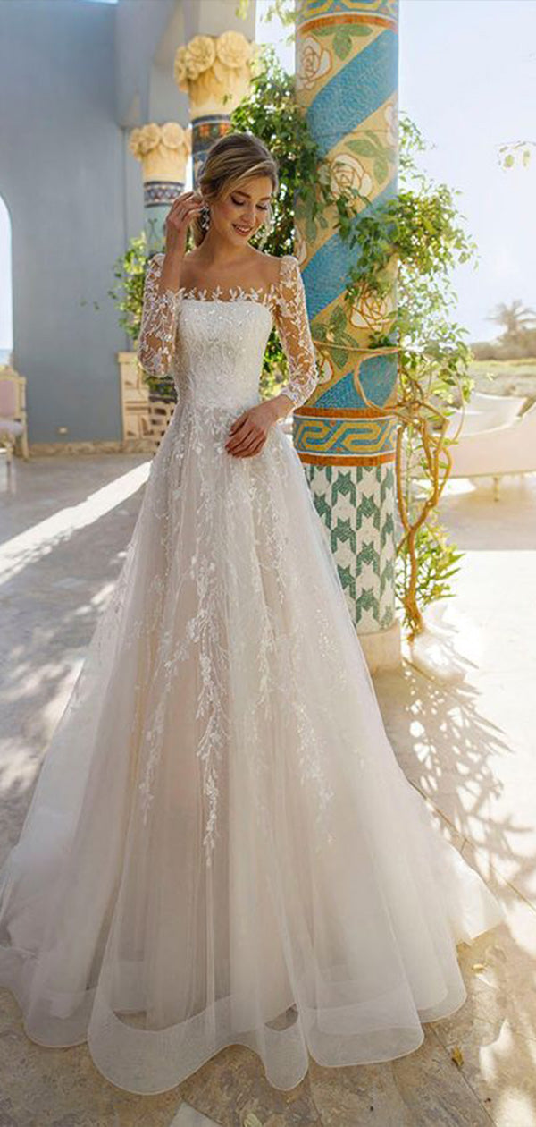 Elegant Lace Applique 3/4 Sleeve Bridal Dress, Wedding Dresses, CPD028