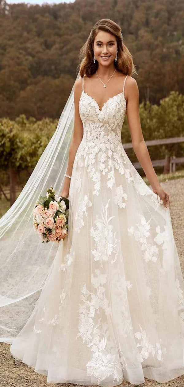 Elegant Spaghetti Straps V Neck Lace Applique Bridal Dress, Wedding Dresses, CPD029
