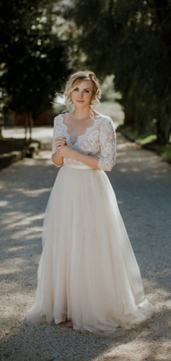 Elegant Lace V Neck 3/4 Sleeve Applique Popular Long Bridal Dress, Wedding Dresses, CPD053
